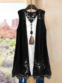 Rusticease Plus Size Solid Color Hollow Out Sleeveless Long Jacket Winter Fall Autumn - Black - View 4
