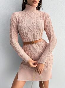 RueChic Turtleneck Split Hem Sweater Dress - Baby Pink - View 3