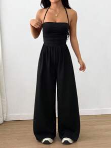 SHEIN Unity 女士休闲褶皱宽松直筒连体裤，适合春季、夏季及所有季节 - 黑色 - 查看 5