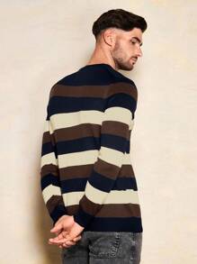 RueChic Men's Simple Striped Splice Round Neck Sweater - Camel - View 4