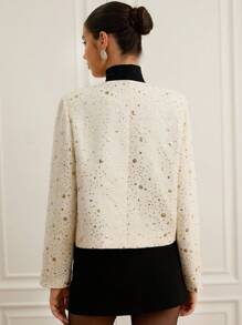 Revavyn Sequin Embroidery Decor, Tweed Fabric, Button Decor Minimalist Casual Short Pocket Decor Round Neck Jacket Fall Cloth For Women - Beige - View 7