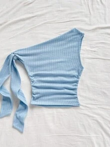 SHEIN WYWH 性感不对称颈部系带飘逸修身浅黄色短款上衣，适合派对、度假、音乐节、波西米亚风、节日约会、下午茶 - 淺藍色 - 查看 2