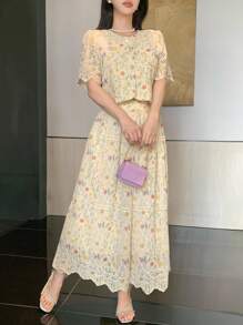 DAZY 两件套女士优雅印花圆领泡泡袖上衣和半裙套装，教师装波西米亚风 - 米色 - 查看 6