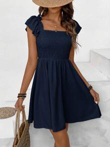 SHEIN Frenchy Women's Solid Color Boat Neck Cap Sleeve Short Vacation Dress,Casual Dresses For Women