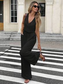 Serisse 女式纯色露背系带宽松阔腿无袖连体裤 - 黑色 - 查看 8
