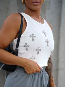 SAYEHFBABY Rhinestone Cross Charms Rib Knit Crop Tank Top
