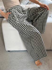 DAZY 格子松紧腰宽松女式家居裤，秋季睡衣 - 黑與白 - 查看 3