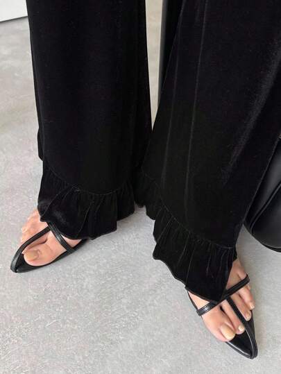 FRIFUL Women's Loose Velvet Flare Hem Patchwork Maxi Pants, Solid Color, Autumn Ruffle Pants Black Flare Pants Fringe Pants Tassel Pants Cut Out Pants