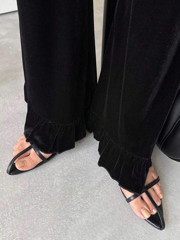 FRIFUL Women's Loose Velvet Flare Hem Patchwork Maxi Pants, Solid Color, Autumn Ruffle Pants Black Flare Pants Fringe Pants Tassel Pants Cut Out Pants