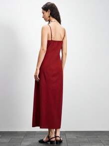 Lumivelle Women's Burgundy Summer Chic Cotton Maxi Dress, Deep V-Neck Spaghetti Strap High Slit Long Dress,Boho Dinner Date Elegant A-Line Vacation Resort - Burgundy - View 2