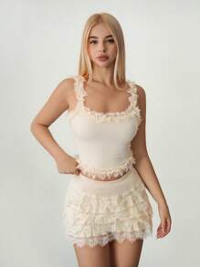 Sweetina Bộ đồ lót ren dệt kim và váy ngắn cho nữ, gợi cảm, quyến rũ, mùa tựu trường - Màu be - Xem 1