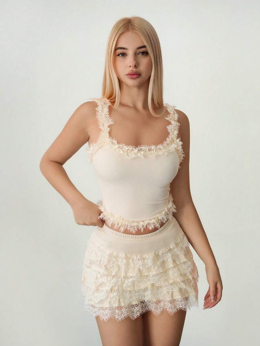Sweetina Bộ đồ lót ren dệt kim và váy ngắn cho nữ, gợi cảm, quyến rũ, mùa tựu trường - Màu be - Xem 1