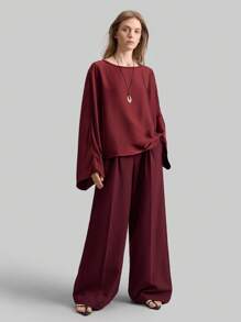 Ontre 女士缎面酒红色露肩衬衫，简约优雅，适合商务休闲、办公室穿着 - 酒紅色 - 查看 2