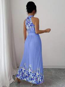 Elenzga 女式夏季优雅花卉宽松露背连衣裙 - 寶藍色 - 查看 2