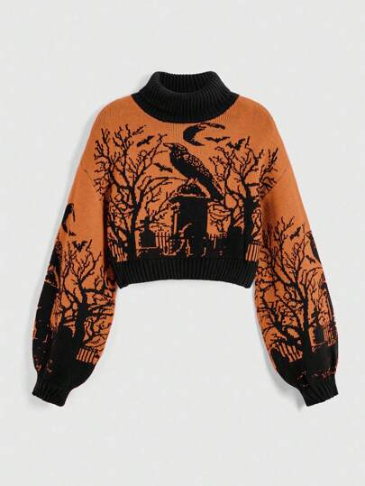 Gothic Dark High Neck Warm Raven Graveyard Moon Bat Branch Jacquard Lantern Sleeve Women Sweater, Halloween