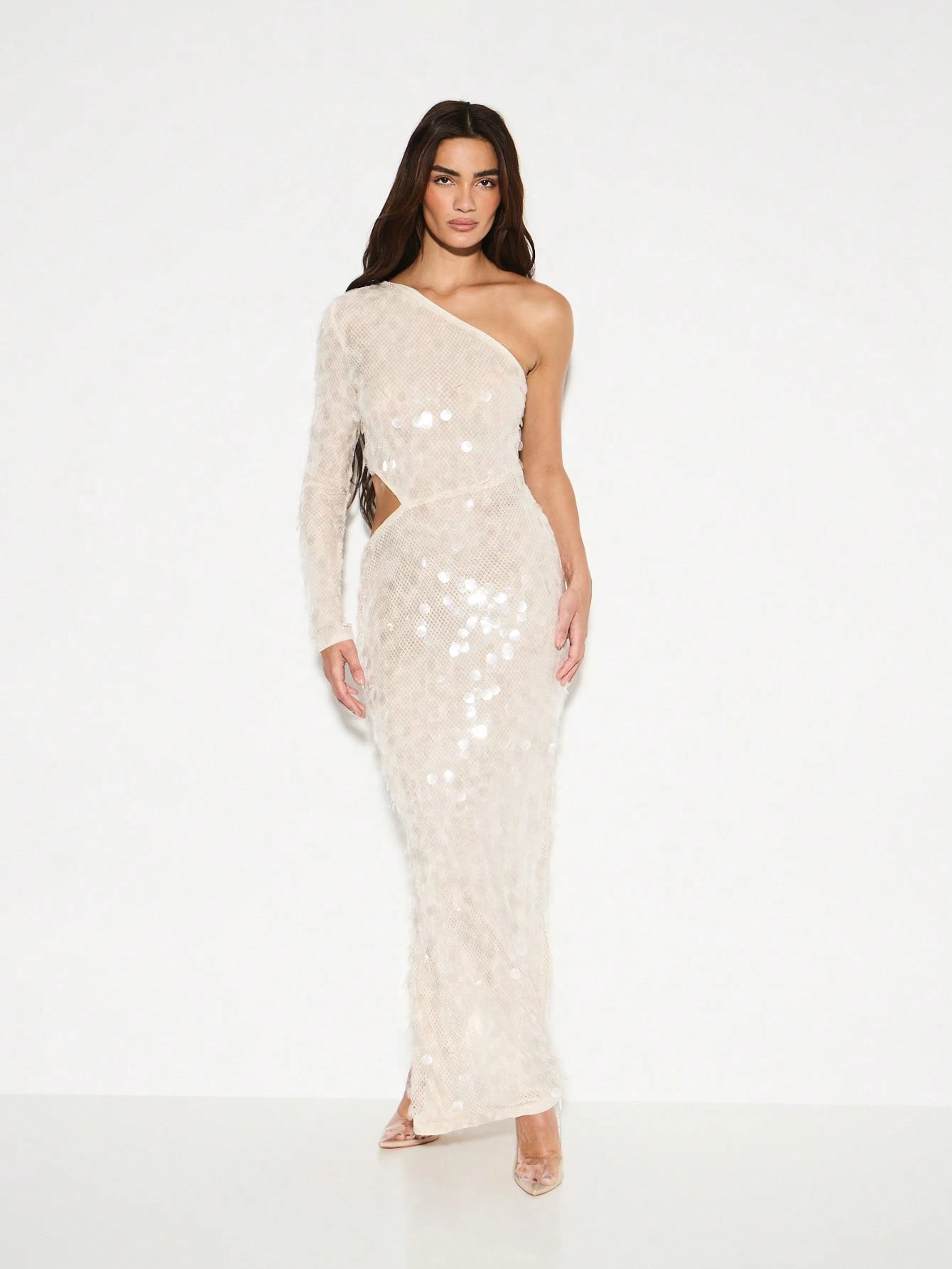 KIZN Abito lungo monospalla con disco in paillettes trasparente