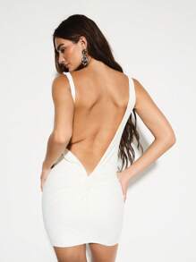 KIZN 优雅船领露背迷你连衣裙扭结后背细节派对俱乐部夜间外出婚礼宾客紧身修身短裙特殊场合无袖修身 - 白色 - 查看 4