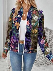SHEIN LUNE Women's Casual Zipper Floral Print Baseball Jacket, Suitable For Autumn/Winter - Multicolor - View 3