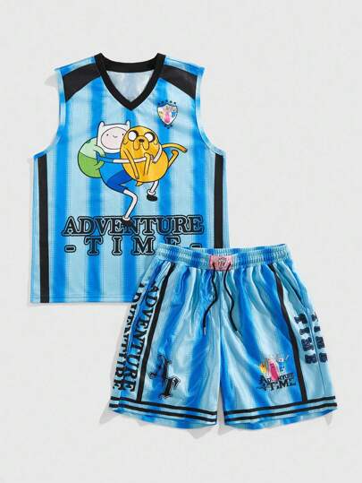 Adventure Time X ROMWE Men's Letter & Cartoon Graphic V-Neck Tank Top And Drawstring Waist Shorts Set