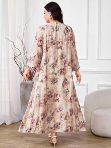 Al Najma Plus Size Women Floral Print Round Neck Elegant Long Sleeve Arabic Dress - Apricot - View 4
