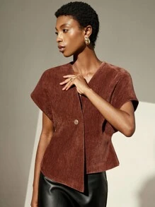 Aveloria Modichic Minimalist Deconstructed Oversized V-Neck Single Button Blouse, Asymmetrical Hem Design, Sleeveless, Suitable For Work, Autumn - Brown - View 6