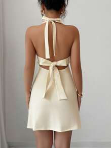 Chiquease Vestido con cuello en V, fruncido en la parte delantera, vestido con espalda descubierta y tirantes con lazo, vestido de cuello halter, vestido de verano, ropa para la universidad - Albaricoque - Ver 2