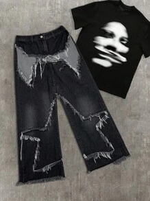 SHEIN Teen Boy Casual Cool Y2K Fashion Star Patchwork Fringe Low-Waisted Baggy Wide Leg Denim Jeans Pants With Raw Hem And Slanted Pocket For Kids Clothes Boys Costume Dailywear And Kids Summer And Spring Rave Outfits Festival And Beach Outfits Clothes Fall Clothes Back To School Old Money Style Streetwear Punk Winter