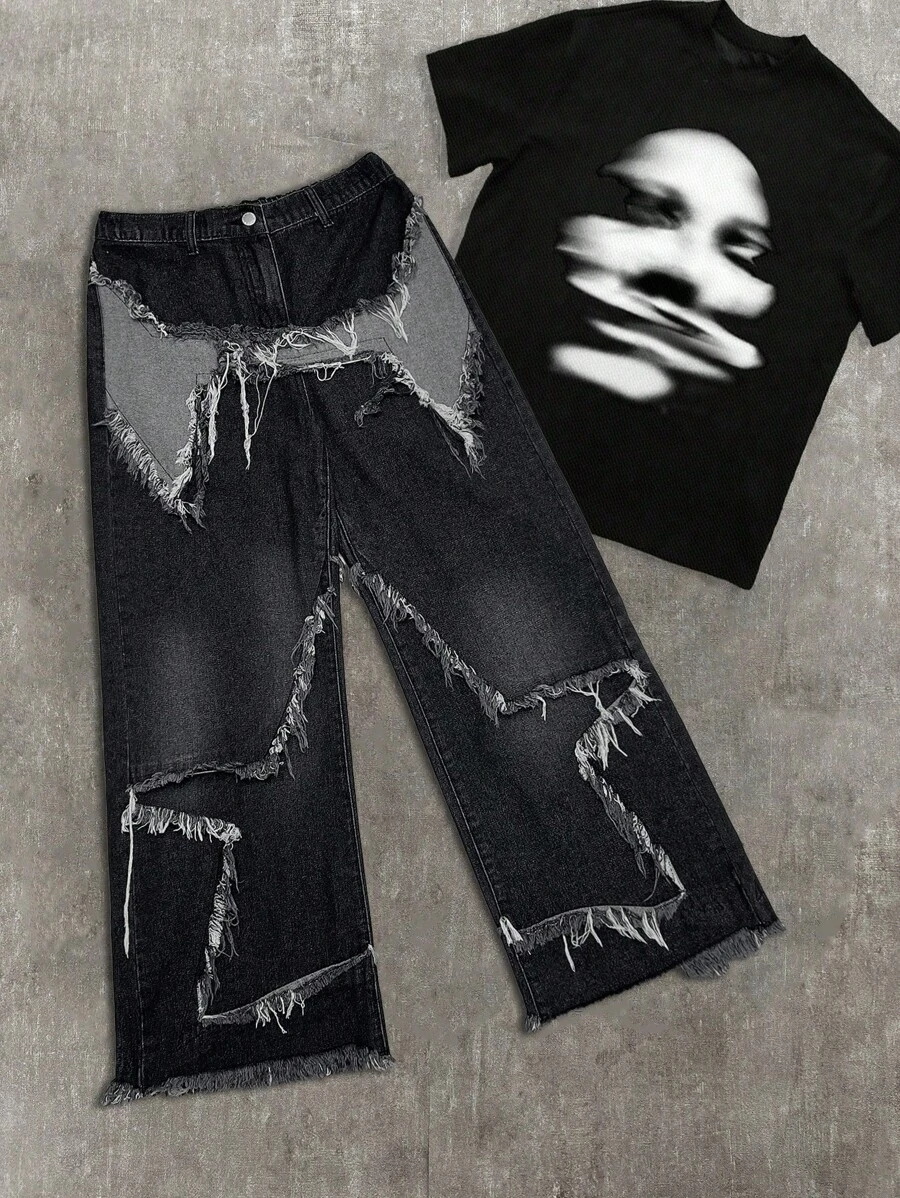 SHEIN Teen Boy Casual Cool Y2K Fashion Star Patchwork Fringe Low-Waisted Baggy Wide Leg Denim Jeans Pants With Raw Hem And Slanted Pocket For Kids Clothes Boys Costume Dailywear And Kids Summer And Spring Rave Outfits Festival And Beach Outfits Clothes Fall Clothes Back To School Old Money Style Streetwear Punk Winter