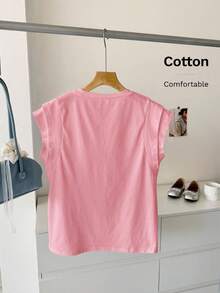 SHEIN LUNE 女士休闲白色圆领双层宽肩无袖T恤，适合日常休闲穿着，春夏基本款上衣女士上衣棉质上衣粉色上衣粉色棉质上衣淡粉色上衣棉质T恤女士基本款T恤 - 粉色 - 查看 2