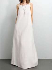 INAWLY Women Plus Size Casual Solid Color Strap Pocket Summer Vacation Mini Dress