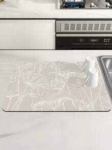 SHEIN 1 Stück Tischset mit Linienzeichnung von Blumen und Lotus, wasserdicht mit rutschfestem Gummiboden, Multifunktions-Küchen- und Esszimmer-Matte für Kaffeemaschine, Geschirrständer, Tellertrocken, rutschfeste Abtropfmatte und Kaffeekanne-Matte, geeignet für Espressomaschine, Gummirückseite mit weichem, saugfähigem Silikonmaterial