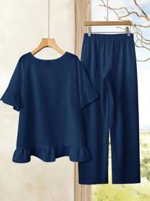 EMERY ROSE 加大码亚麻乡村风两件套女士白衬衫和裤子，简约时尚女装春季服装女装夏季服装女装夏季服装 - 藏蓝色 - 查看 2