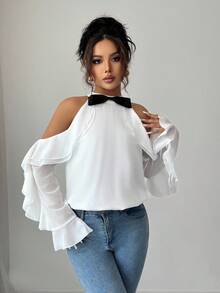 Elenzga Blusa de mujer con volantes y lazo en los hombros, de manga larga - Blanco - Ver 5