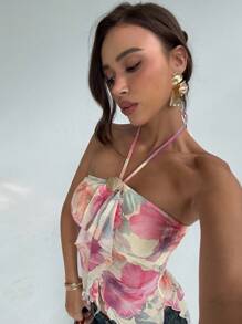 Aloruh Women's Casual Vacation Summer Halter Tie Back Crop Top, Summer Beach Vacation Boho Tropical Rave Festival Country Concert Ibiza Nashville Western Wear Boho Streetwear Tropical Gyaru Cute Top - Multicolor - View 8