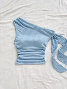 SHEIN WYWH 性感不对称颈部系带飘逸修身浅黄色短款上衣，适合派对、度假、音乐节、波西米亚风、节日约会、下午茶 - 淺藍色 - 查看 3