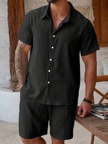 ResortEase Conjunto de camisa de manga corta con botón delantero y pantalones cortos con bolsillos de unicolor talla grande para hombre