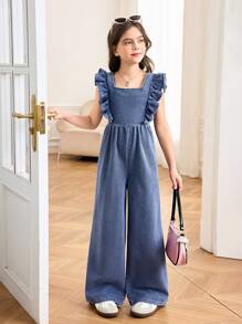 SHEIN Tween Girls Spring Summer Break Solid Washed Sleeveless Backless Openback Jumpsuit With Bowknot And Ruffle Trim,Casual Style And Casual Fit,Girls Summer Beach Boho Vacation Casual Outfits,Rave Concert Festival Outfits
