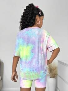 SHEIN 青少年女孩休闲扎染针织圆领短袖短裤套装 - 彩色 - 查看 2