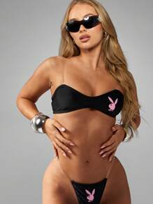 Missguided x Playboy 兔子图案抹胸比基尼套装透明隐形肩带可调节沙滩装夏季度假泳池派对泳衣度假装海滩时尚 - 黑色 - 查看 4