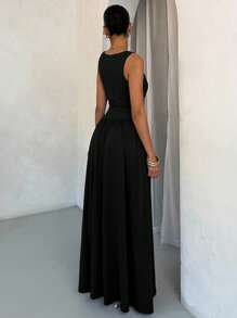 SHEIN BAE Elegancka, jednolita, brązowa sukienka damska z obszernym kołnierzykiem i rozkloszowaną spódnicą, odpowiednia na wiosnę i lato