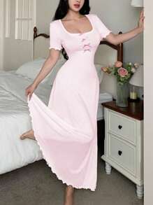 SHEIN Váy ngủ nữ màu tương phản nơ thanh lịch - Màu Hồng baby - Xem 6