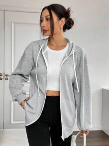 Solflare Comfortable Plain Grey Hooded Zipper Coat For Casual Fall Outfits,,Fall Clothes For Women Winter Autumn
