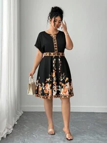 Elenzga 大码女式简约优雅黑色印花连衣裙