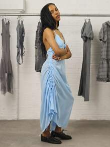 COUREZ 吊带瀑布式长款连衣裙 / Y2K 秋季女装街头风外出服婚礼宾客礼服生日礼服 - 藍色 - 查看 4