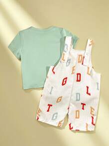 SHEIN 男婴幼儿 0-3 岁可爱小狗印花连体衣搭配苹果绿 T 恤套装，可爱春夏装 - 綠色 - 查看 2