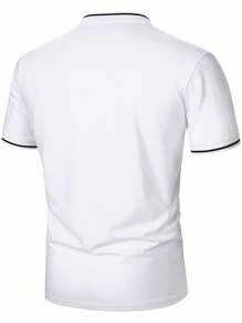Manfinity Homme 男士休閒口袋通勤條紋短袖 Polo 衫，黑白配色拼接夏季度假上衣 - 白色 - 查看 2