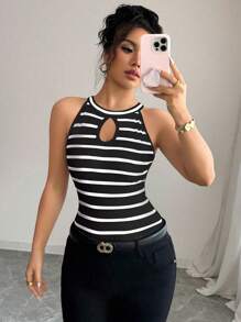 Elenzga 女士休闲条纹镂空露背上衣，夏季 - 黑與白 - 查看 6