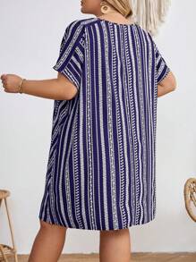 SHEIN CURVE+ Plus Size Music Festival Striped Short Sleeve Dress, Fall,Fall Dresses For Women - Blue - View 2
