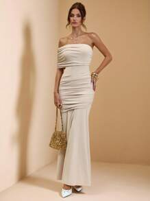 SHEIN BAE 秋季女式纯色杏色不对称肩部褶皱修身长裙/返校礼服/女式婚礼宾客礼服/适合度假、音乐节、生日、早午餐、伴娘、婚礼宾客、优雅礼服派对礼服 - 杏色 - 查看 5