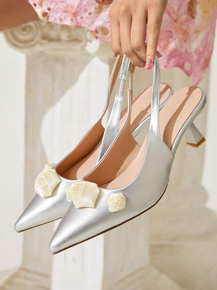 CUCCOO CHICEST Women's Pointed Toe Metallic Leather Floral Rose High Heel Shoes, Elegant Sweet Romantic Silver Stilettos, Suitable For Formal Occasions, Weddings, Parties, Dates, Holiday Seasons